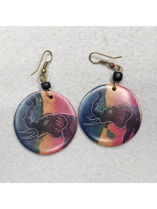 Estate Jewelry - Elephant Earrings Dangle Dyed Etched Carved Soapstone Double Sided 1.5"